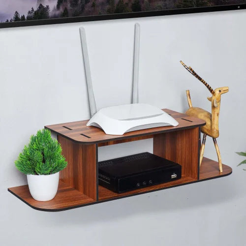 Wooden TV Set Top Box and WiFi Router Stand with Decorative Show Pieces Holder | Wall Mount Shelves for Home TV Cabinet, Living Room Furniture and Office Decoration (Retro)