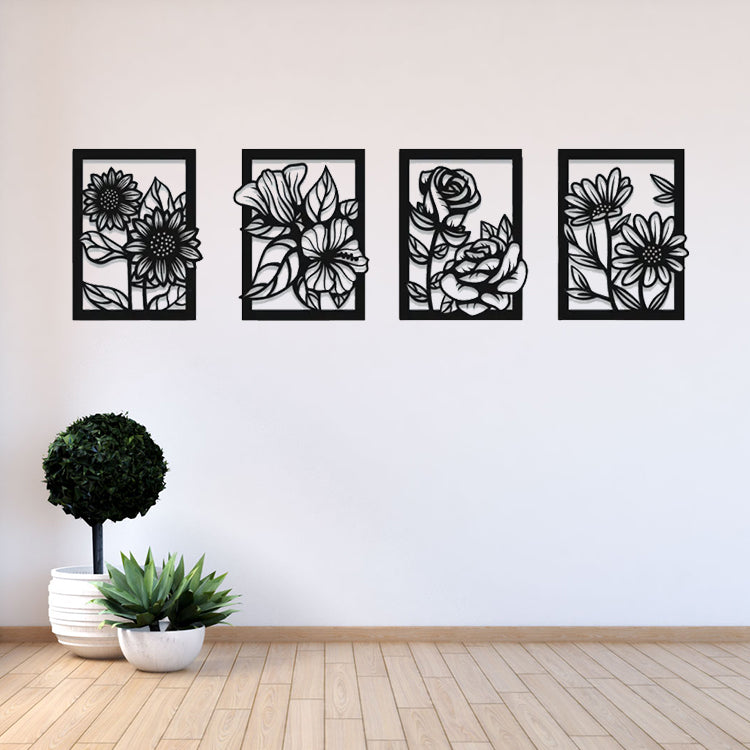 4 Set of Flowers in Frame Wooden Wall Decor 4 Pieces poppy Floral Artworks Wall Hangings | Decor Ornaments for Home Hotel Living Room Bedroom Dining Room