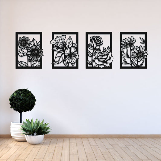 4 Set of Flowers in Frame Wooden Wall Decor 4 Pieces poppy Floral Artworks Wall Hangings | Decor Ornaments for Home Hotel Living Room Bedroom Dining Room