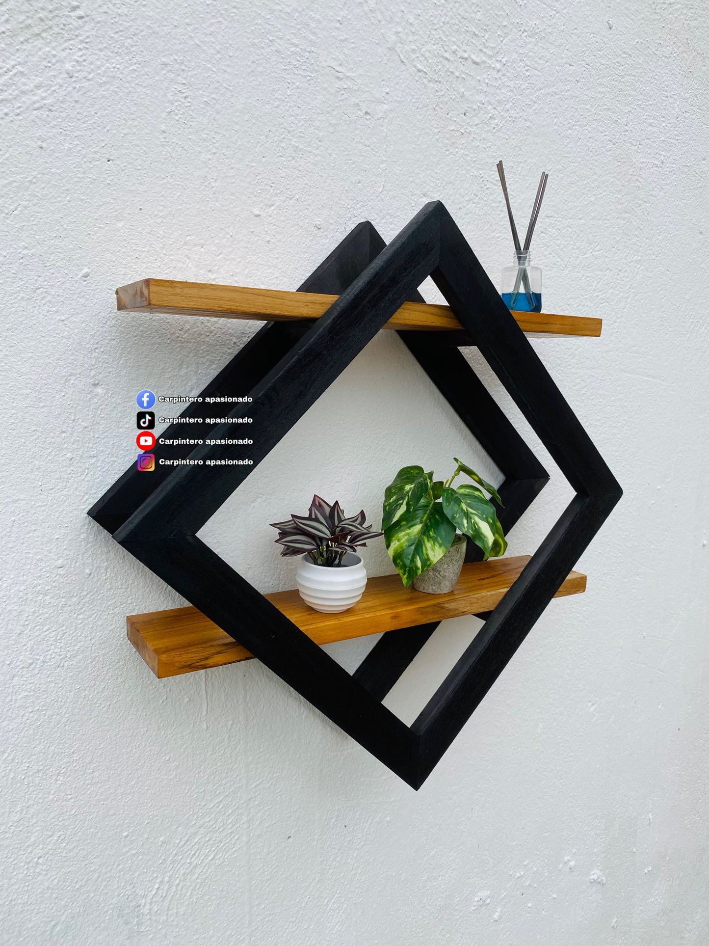 New Modern Diamond Wood Wall shelf ,Contrast colours wall decor , space saving rack floating decoration shelf, small plant shelf, 2 layer wall decor wooden shelf