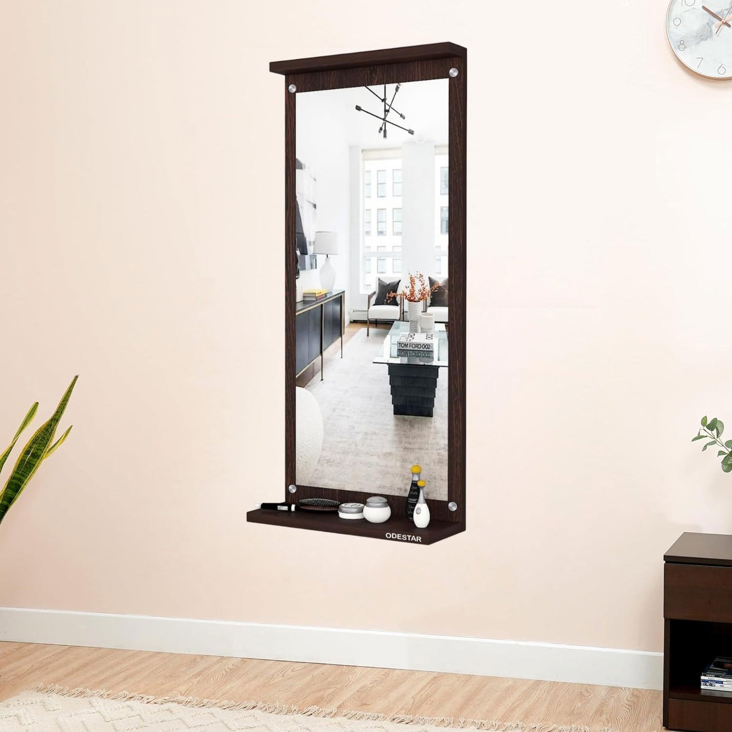 Rectangular White Wooden Wall Mirror for Living Room Bedroom Bathroom Modern Design Durable Build, Makeup Mirror, Rectangular Size Classic with 2 large Shelf