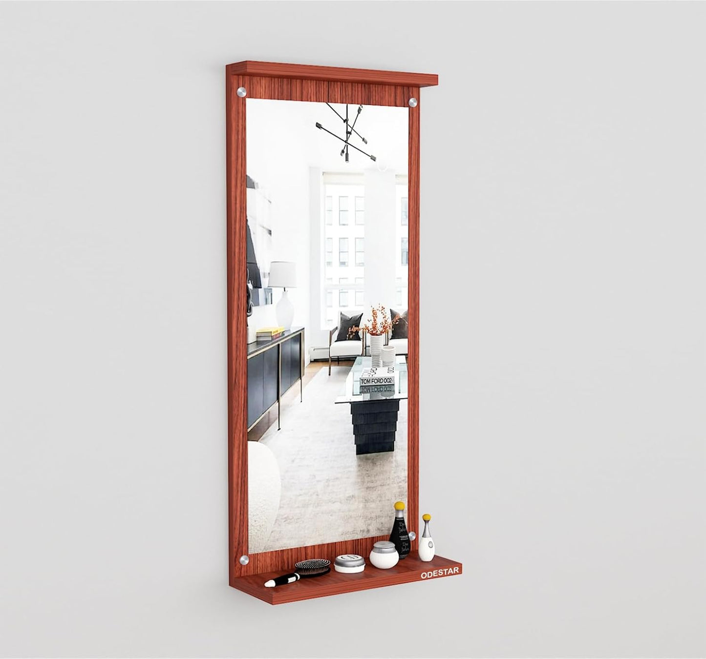 Rectangular White Wooden Wall Mirror for Living Room Bedroom Bathroom Modern Design Durable Build, Makeup Mirror, Rectangular Size Classic with 2 large Shelf