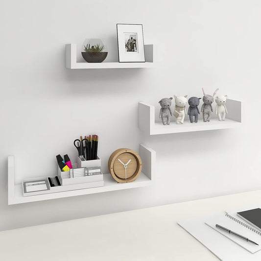 U-Shaped (Big Size) White, Black & Brown Floating Shelves for Wall, Wall Shelves Set of 3, Small Wall Mounted Shelf for Bedroom, Kitchen, Bathroom and Living Room Decoration Storage