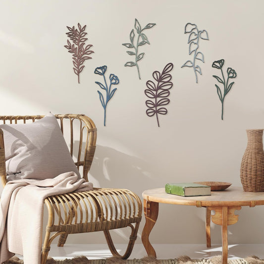 6 & 3 Pieces Wooden Wall Art Minimalist Line Decor Flower Botanical Leaf Wooden Art Modern Natural Art