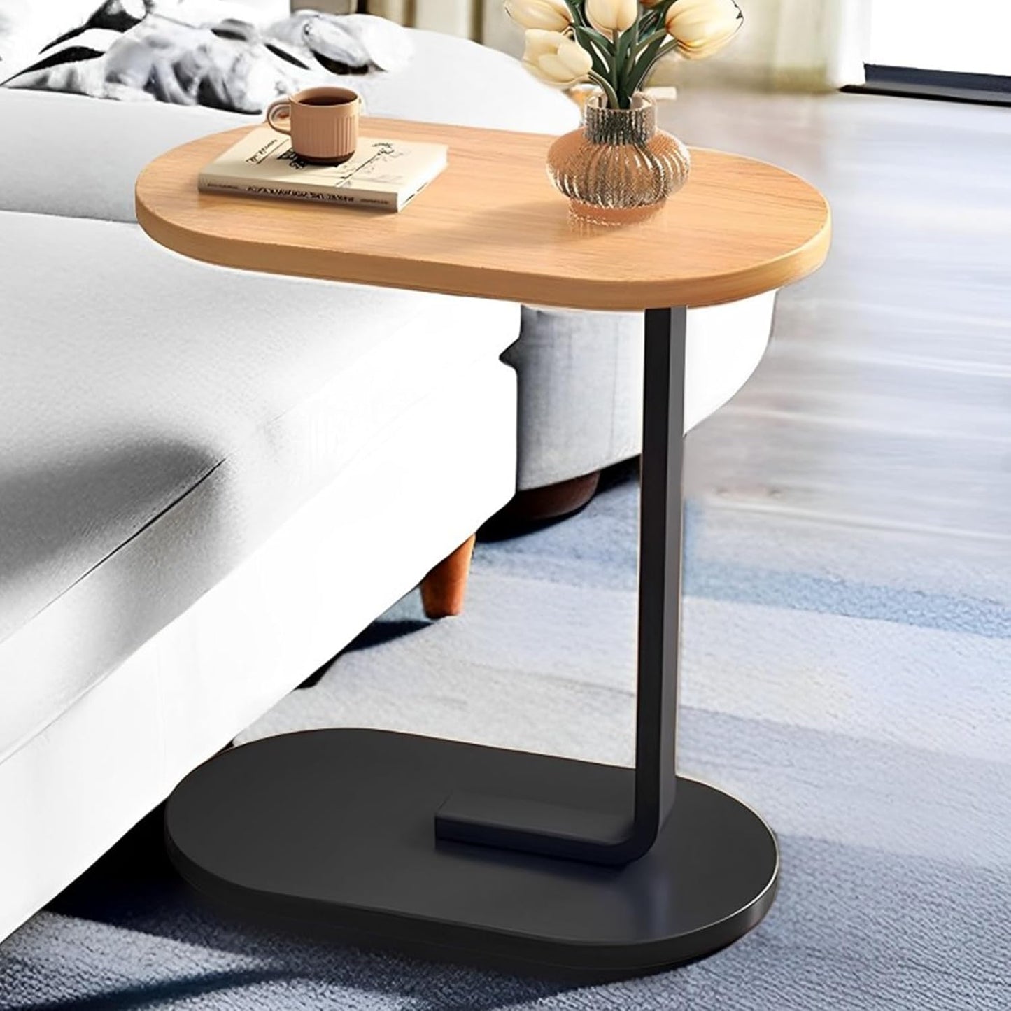 New Wooden C-Shaped Oval Sofa Side Table | Oval Laptop Table | Multipurpose Bed & Couch Table