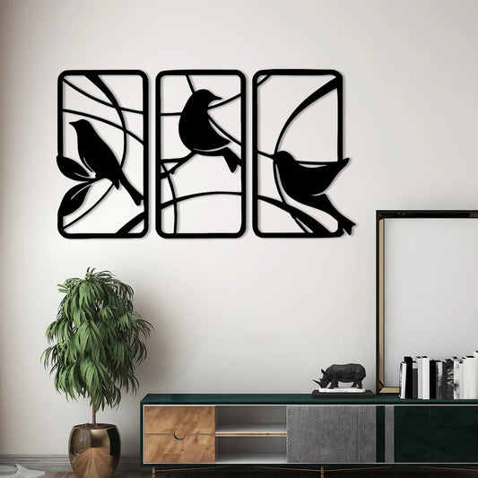 Wooden Bird Wall Decor Set of 3 - Handmade Rustic Wood Birds for Living Room Home and Kitchen Decoration