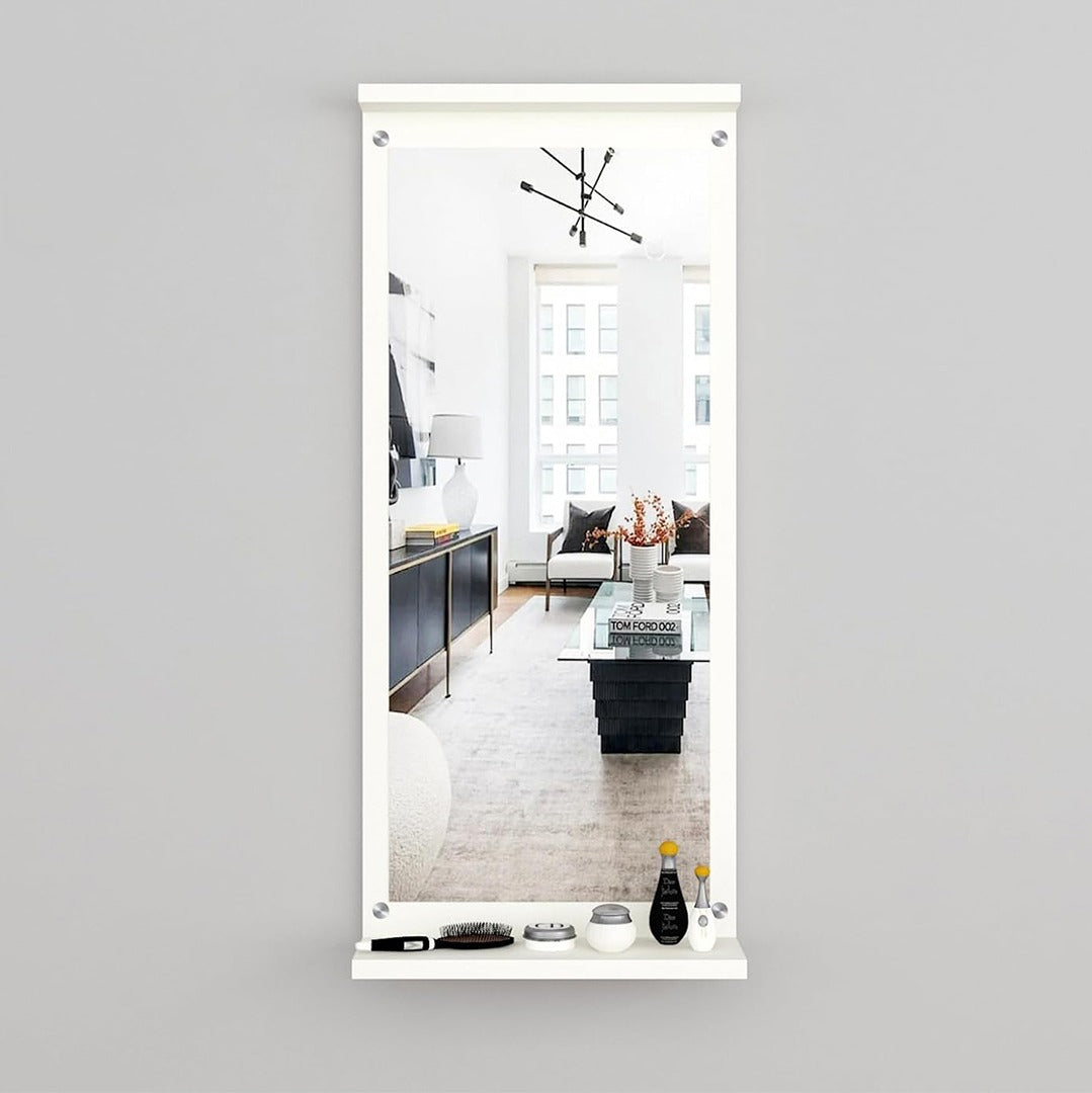 Rectangular White Wooden Wall Mirror for Living Room Bedroom Bathroom Modern Design Durable Build, Makeup Mirror, Rectangular Size Classic with 2 large Shelf